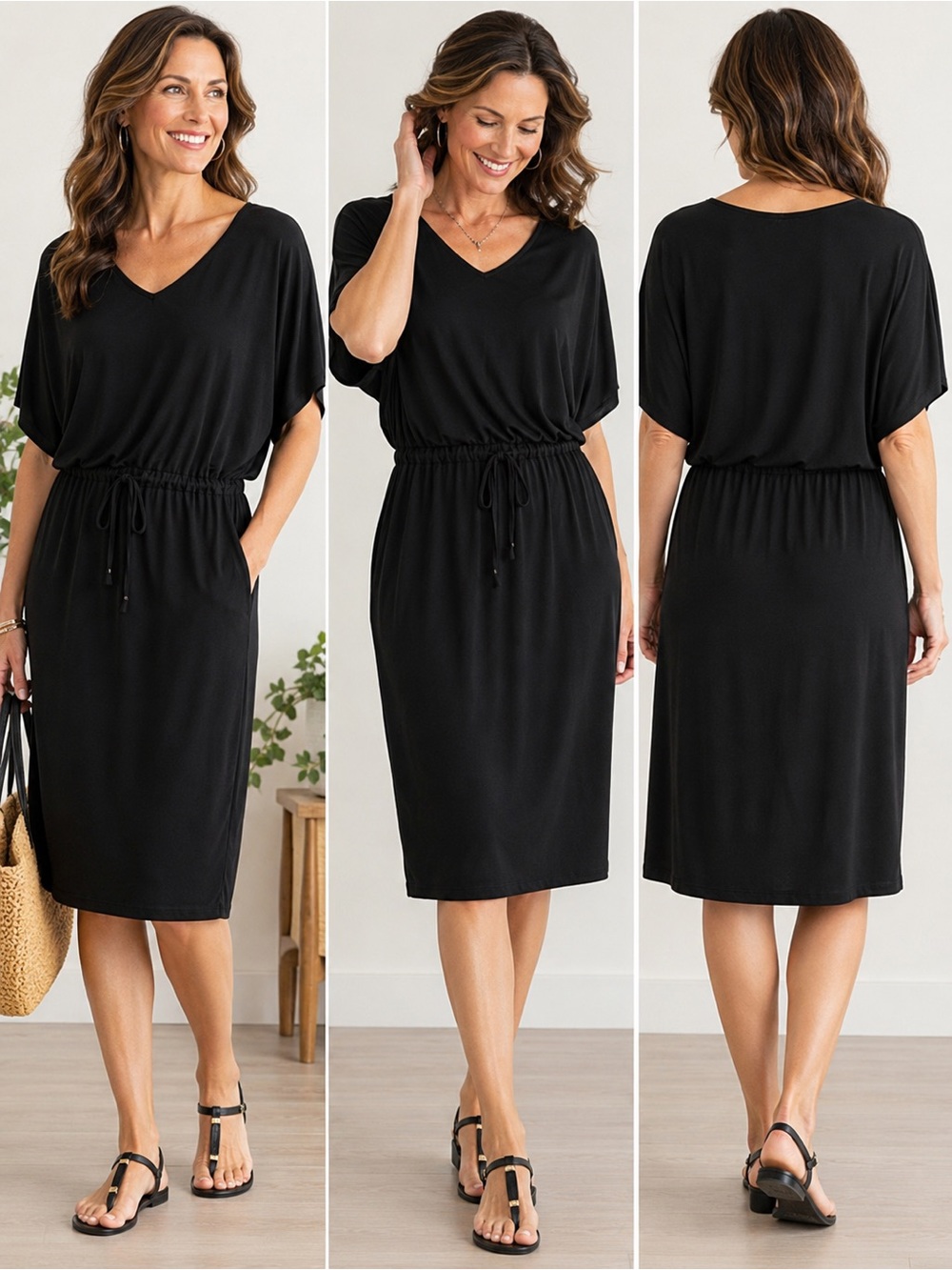 Coldwater Creek Black Drawstring Waist Midi Dress Dolman Sleeve Womens Medium 10